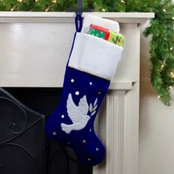 Northlight 20.5" Royal Blue And White Velvet Dove With Olive Branch Christmas Stocking