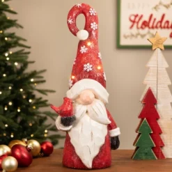 Northlight Gnome In Lighted Hat Holding Cardinal Christmas Decoration - 20" - LED Warm White Lights