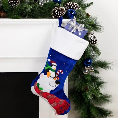Northlight 24" Large Penguin And Bear Blue Velveteen Christmas Stocking With White Cuff 3 Northlight 24" Large Penguin And Bear Blue Velveteen Christmas Stocking With White Cuff