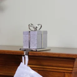 Northlight 5.5" Silver Glitter Gift Box With Bow Christmas Metal Stocking Holder -Northlight GUEST 8223becd 209c 4301 a1df 561508b03b32