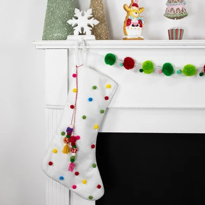 Northlight 20" White Christmas Stocking With Multicolor Pom-Poms And Tassels 4 Northlight 20" White Christmas Stocking With Multicolor Pom-Poms And Tassels - Image 2