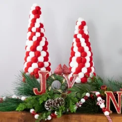 Northlight Pom Pom Cone Tree Christmas Decoration - 13" - White And Red