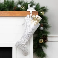 Northlight 19” White And Silver Filigree Christmas Stocking With Bows