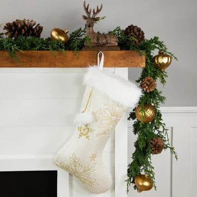 Northlight 20" Cream With Gold Snowflakes Christmas Stocking With Faux Fur Cuff 3 Northlight 20" Cream With Gold Snowflakes Christmas Stocking With Faux Fur Cuff