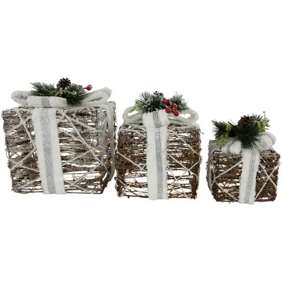 Northlight LED Lighted Gift Boxes With Pine And Berries Christmas Decorations - 9.75" - Set Of 3 5 Northlight LED Lighted Gift Boxes With Pine And Berries Christmas Decorations - 9.75" - Set Of 3 - Image 3