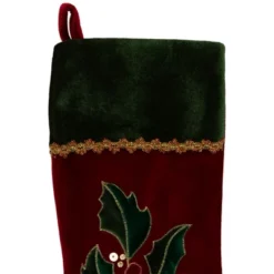 Northlight 21" Red And Green Holly Embroidered Velvet Christmas Stocking -Northlight GUEST b8704928 454e 47db 9d69 35e454167e23