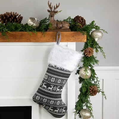 Northlight 19" Gray And White Reindeer And Snowflake Knit Christmas Stocking With Faux Fur Cuff 3 Northlight 19" Gray And White Reindeer And Snowflake Knit Christmas Stocking With Faux Fur Cuff