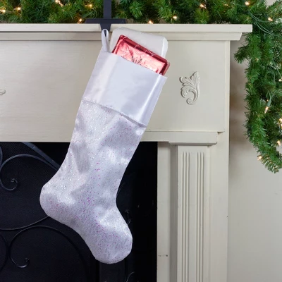 Northlight 22.25" White With Pink Iridescent Glitter Christmas Stocking With Satin Cuff 3 Northlight 22.25" White With Pink Iridescent Glitter Christmas Stocking With Satin Cuff