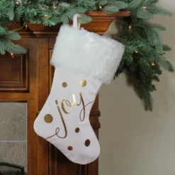 Northlight 19" Ivory White And Gold "Joy" Christmas Stocking With White Faux Fur Cuff